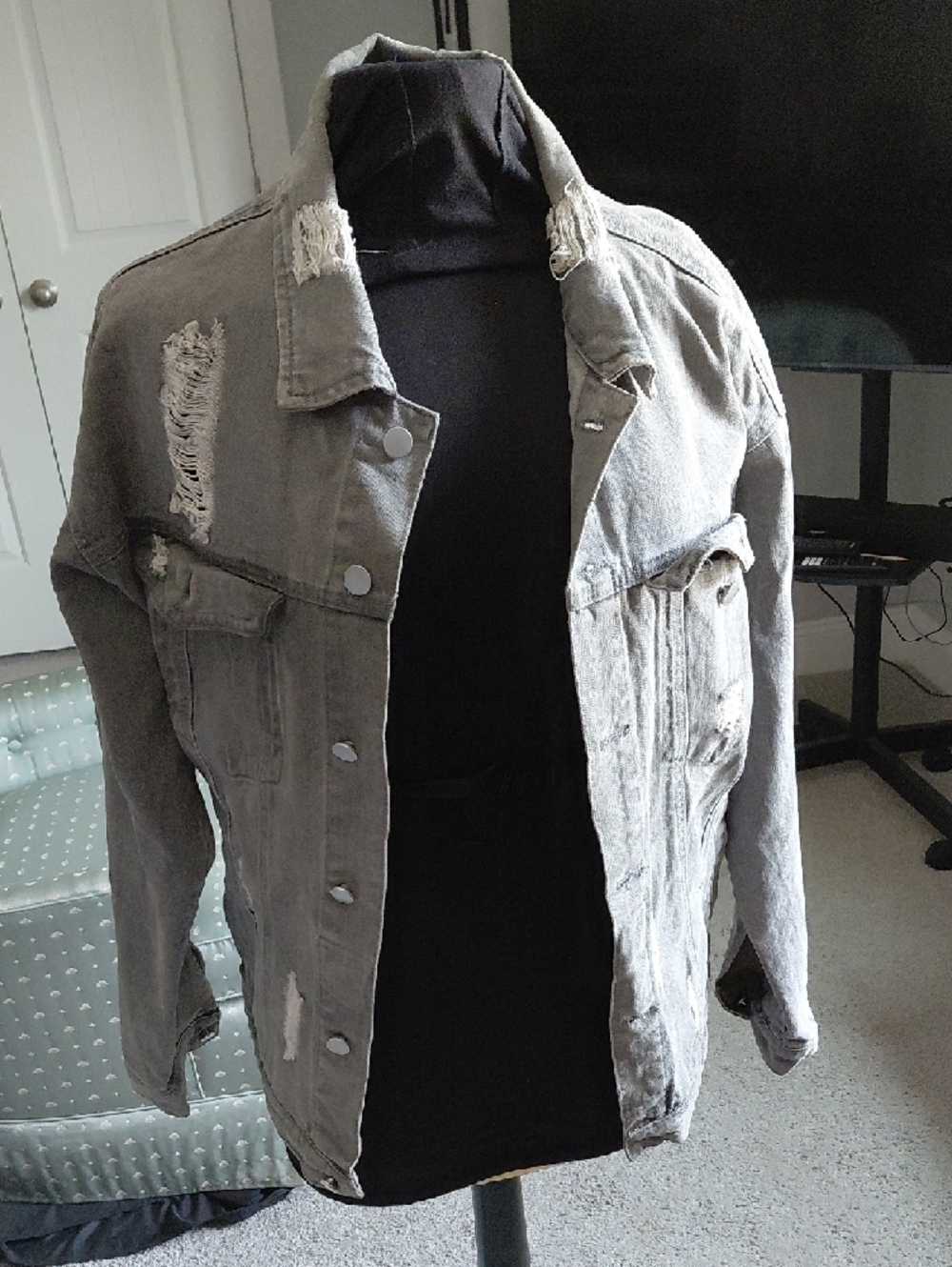 Gray Graphic Denim Jacket with Vintage Horror Back Print